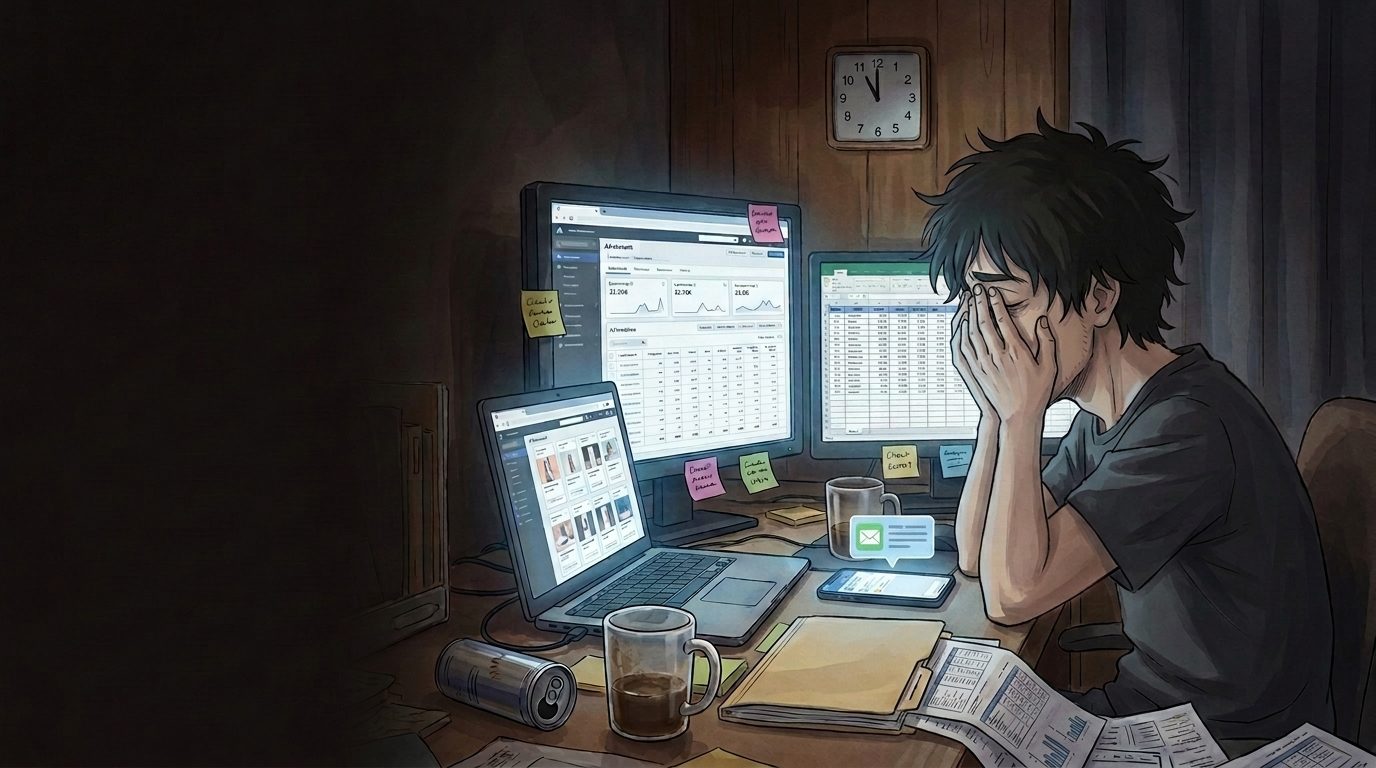 A media buyer at 23:00, head in hands, three screens of dashboards and spreadsheets, the clock reads 23:00