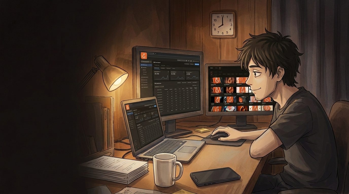 The same media buyer, now relaxed, Hookforge open on every screen